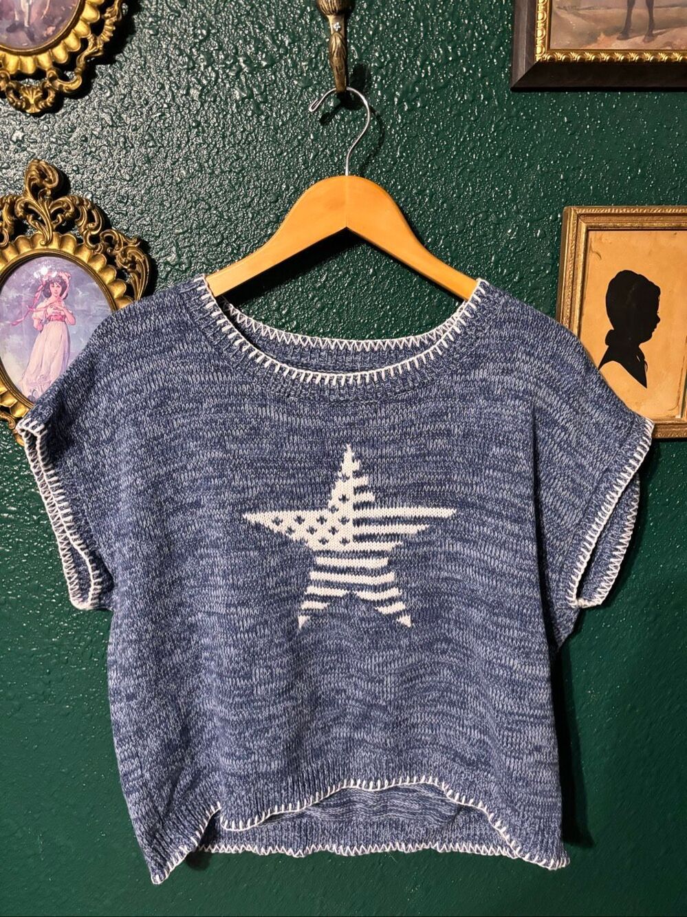 Lucky Brand Short Sleeve Sweater Sz Large Star Americana